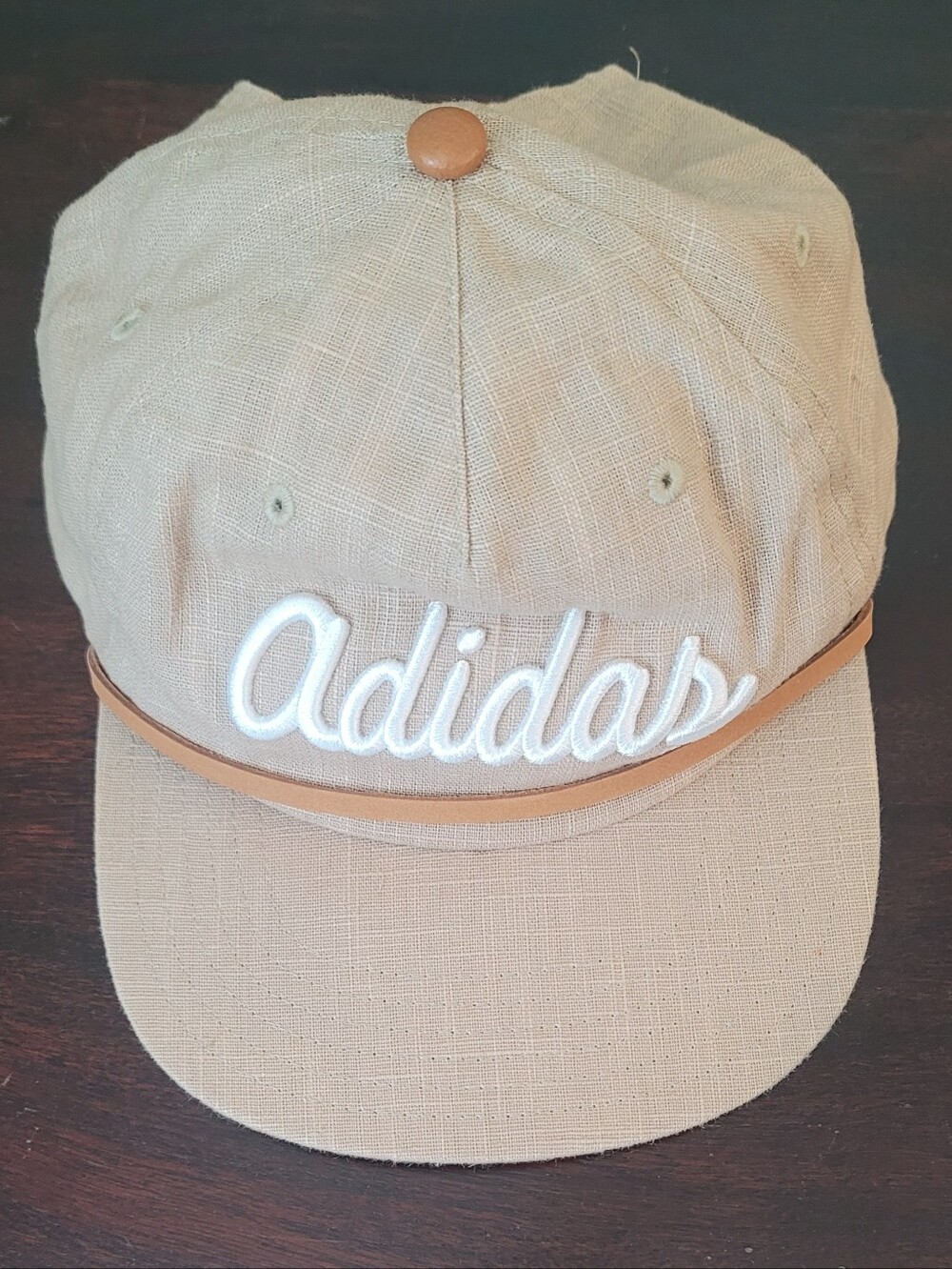 adidas Beige Cap with White Script Logo and Tan Trim